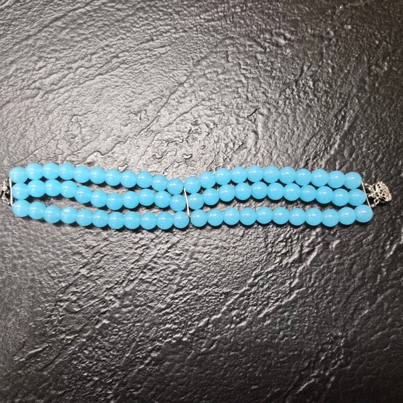 Vintage 1960s Aqua Milk Glass Bracelet 3 Strand Filigree Clasp 8.5" Mid-Century - Picture 6 of 6